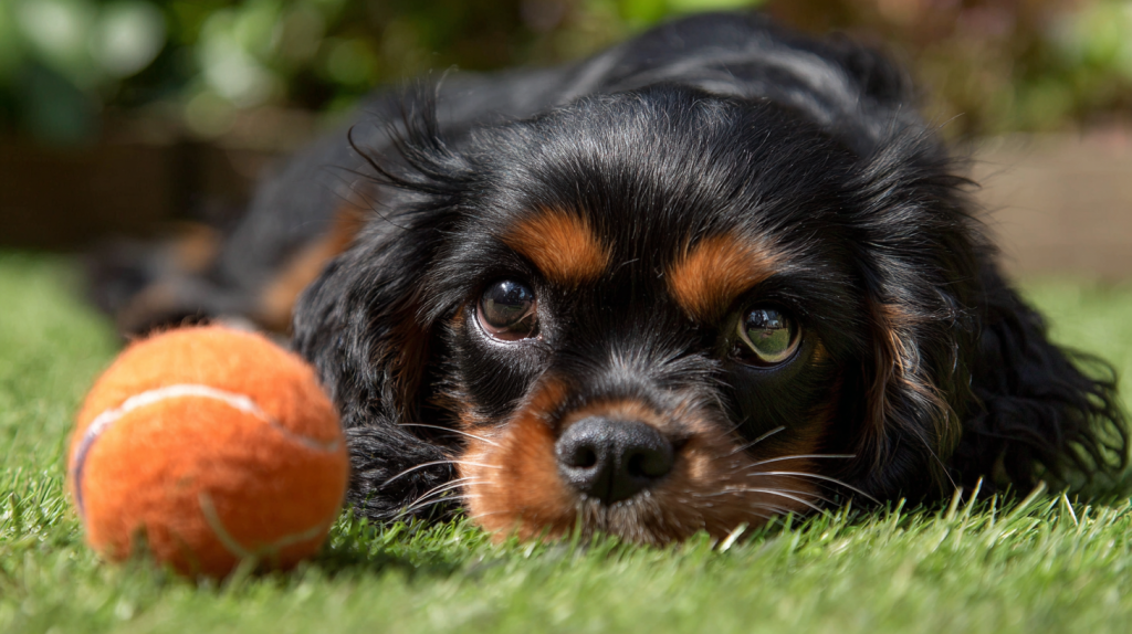 Cavalier_King_Charles_Spaniel_with_black_color_lies_on_klubus.png