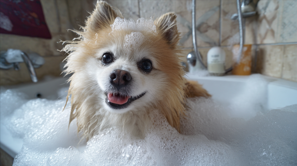 The_Pomeranian_spitz_is_being_washed_in_the_bathroom_foam_a.png