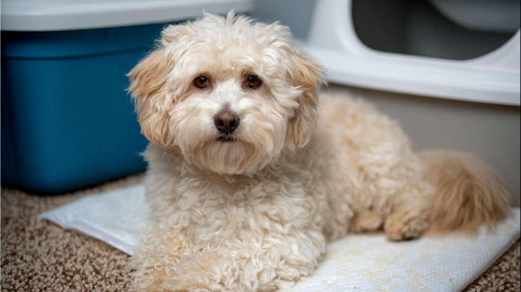 dog_of_the_Maltipoo_breed_of_cream_color_sits_on_a_diaper.png dog_of_the_Maltipoo_breed_of_cream_color_sits_on_a_diaper.png